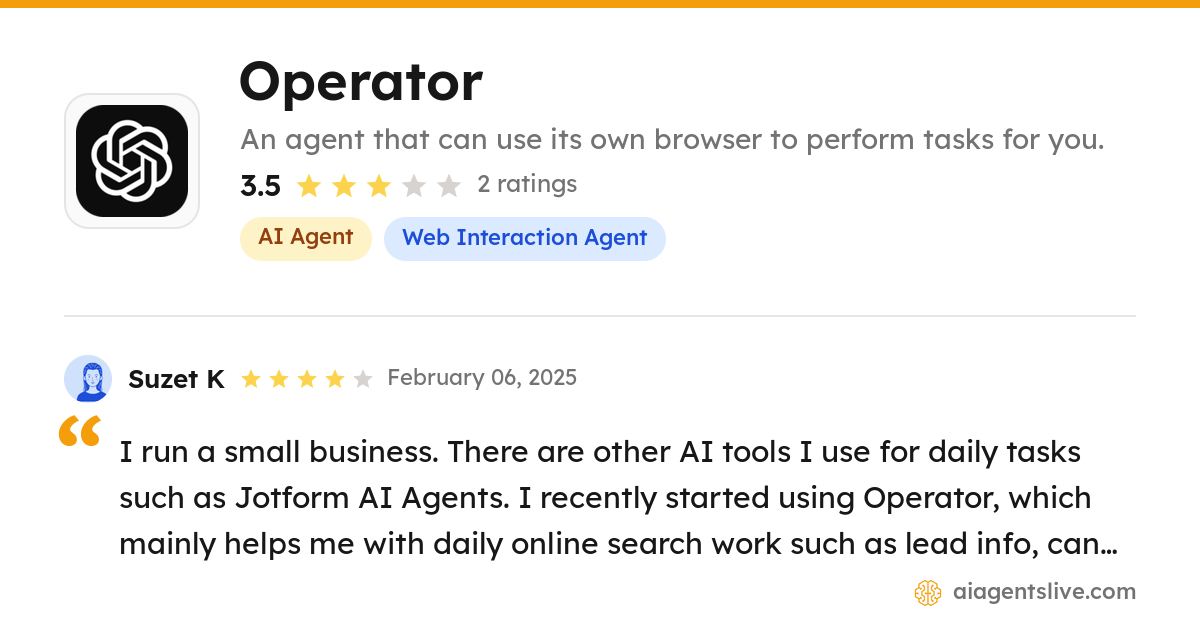 Operator - AI Agent Reviews, Ratings and Features Oct 2026